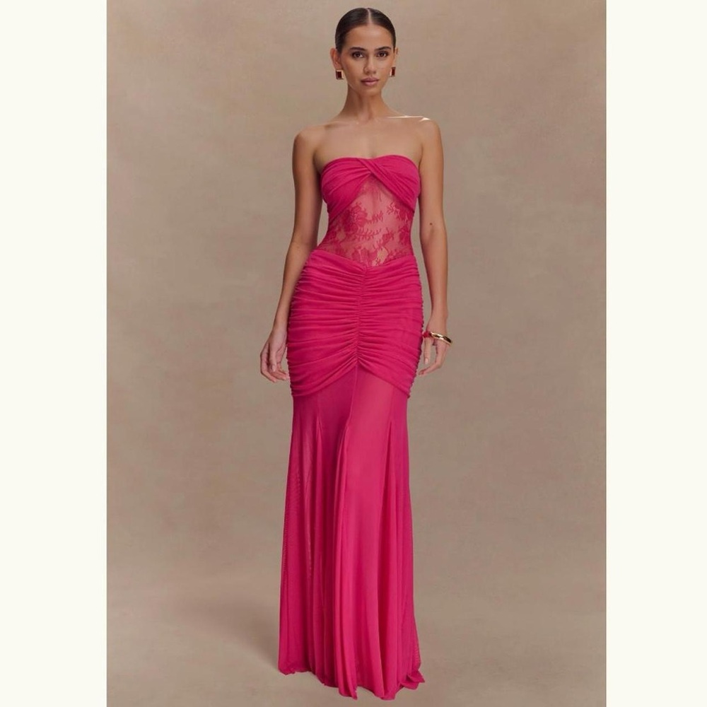 Meshki Pink Ruched Strapless Maxi Dress